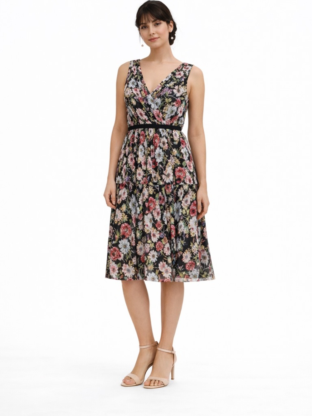 Adrianna Papell Floral Pleated Dress Size 10 Black Multi Tiered  Wedding Guest